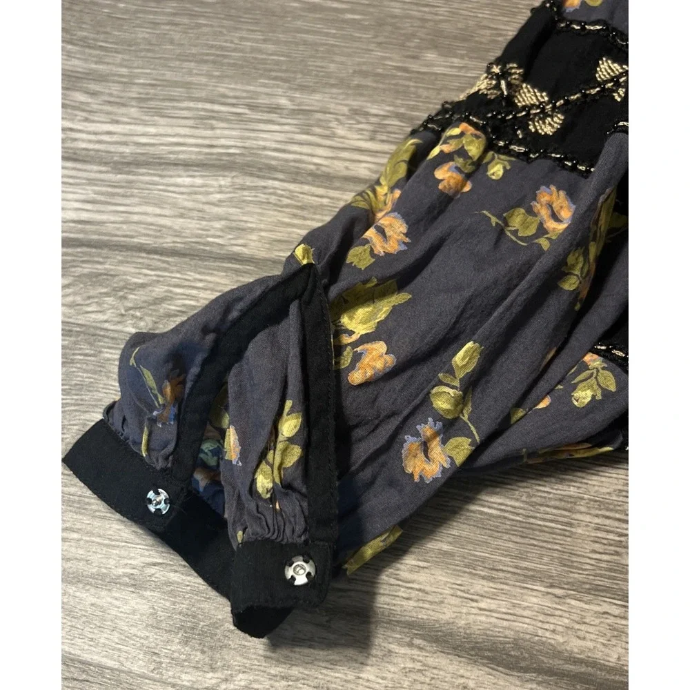 Free People Mix It Up Black Floral Bohemian Oversized Tunic Mini Dress Small